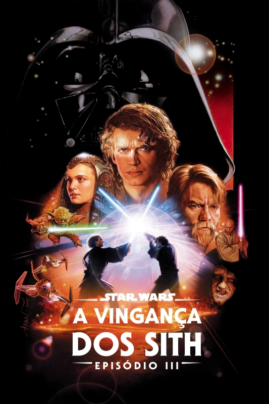 Cartaz de divulgação do filme. Montagem com sete personagens. Na parte superior, em proporção maior, está Darth Vader, que tem o rosto coberto pelo capacete e máscara pretos. Ao centro, da esquerda para a direita: Yoda, um pequeno ser verde; Padmé Amidala, uma mulher branca de cabelos castanhos; Anakin Skywalker, um rapaz branco de cabelo loiro e ondulado; Obi-Wan Kenobi, um homem loiro de barba; Mace Windu, um homem negro de cabeça raspada e o Imperador Palpatine, um homem encapuzado e com o rosto muito enrugado. Também ao centro, duas pessoas lutam empunhando sabres de luz na cor azul. Na parte inferior do cartaz, o título em letras brancas: “Star Wars: A vingança dos Sith. Episódio III”.