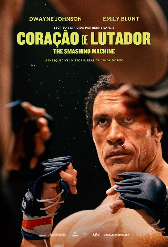 Cartaz de divulgação do filme. No centro da imagem, um homem musculoso está com o torso nu e usando luvas de luta azuis com fitas brancas enroladas nos pulsos. Ele tem cabelos curtos e pretos, olhos castanhos e nariz grande. Há sangue escorrendo pelo nariz e ao lado do olho direito. Está com as mãos estão erguidas em posição de defesa. Ele olha para o oponente, que só está com os braços aparecendo, na lateral esquerda da imagem. Na parte superior, em letras amarelo esverdeadas: “Dwayne Johnson” e “Emily Blunt”, Escrito e dirigido por Benny Safdie”, “Coração de lutador”, “The Smashing Machine” e “A inesquecível história real da lenda do UFC”. Cartaz de divulgação do filme. No centro da imagem, um homem musculoso está com o torso nu e usando luvas de luta azuis com fitas brancas enroladas nos pulsos. Ele tem cabelos curtos e pretos, olhos castanhos e nariz grande. Há sangue escorrendo pelo nariz e ao lado do olho direito. Está com as mãos estão erguidas em posição de defesa. Ele olha para o oponente, que só está com os braços aparecendo, na lateral esquerda da imagem. Na parte superior, em letras amarelo esverdeadas: “Dwayne Johnson” e “Emily Blunt”, Escrito e dirigido por Benny Safdie”, “Coração de lutador”, “The Smashing Machine” e “A inesquecível história real da lenda do UFC”.