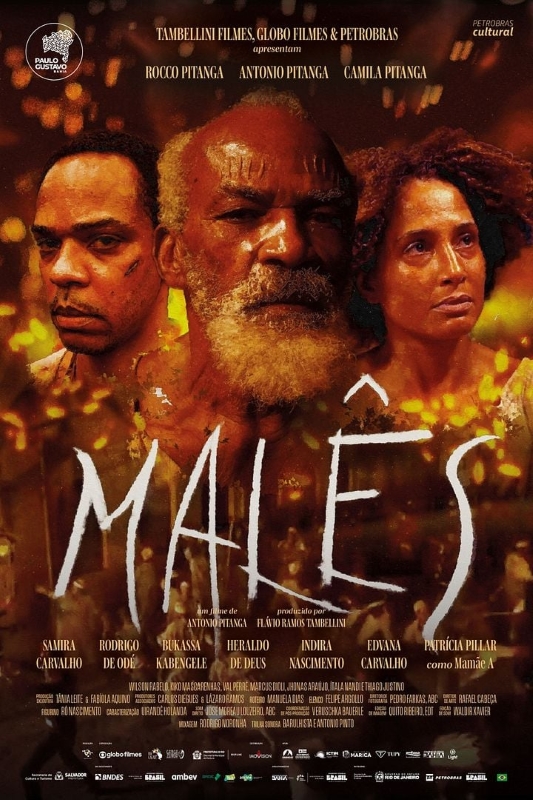 Cartaz de divulgação do filme. Ao centro da imagem estão três pessoas, vistas dos ombros para cima e com expressões sérias. À esquerda, um homem com cabelo curto e bigode ralo. No meio, um homem calvo, com barba e cabelo grisalhos e testa marcada por cicatrizes. À direita, uma mulher de cabelo crespo e volumoso. O fundo é composto por tons de laranja e amarelo, que lembram faíscas. Na parte superior, aparecem os nomes Rocco Pitanga, Antonio Pitanga e Camila Pitanga. Logo abaixo, em grandes letras brancas irregulares, está o título: “Malês”. Cartaz de divulgação do filme. Ao centro da imagem estão três pessoas, vistas dos ombros para cima e com expressões sérias. À esquerda, um homem com cabelo curto e bigode ralo. No meio, um homem calvo, com barba e cabelo grisalhos e testa marcada por cicatrizes. À direita, uma mulher de cabelo crespo e volumoso. O fundo é composto por tons de laranja e amarelo, que lembram faíscas. Na parte superior, aparecem os nomes Rocco Pitanga, Antonio Pitanga e Camila Pitanga. Logo abaixo, em grandes letras brancas irregulares, está o título: “Malês”.
