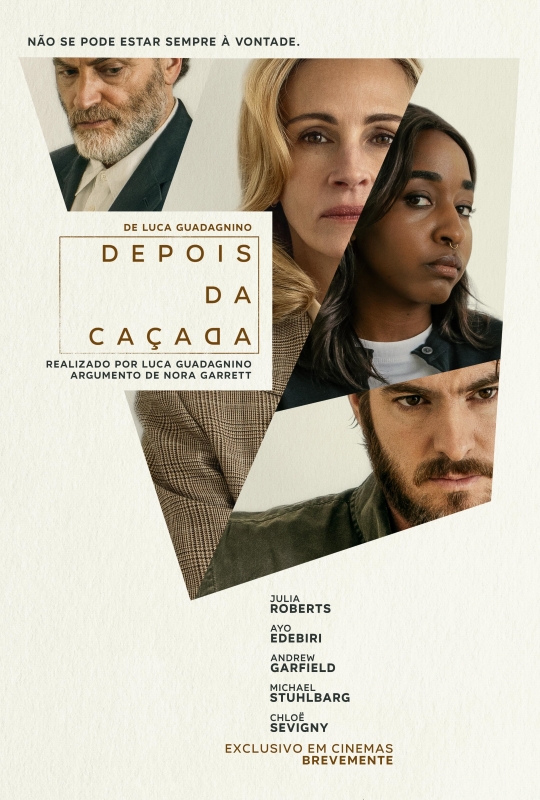Cartaz de divulgação do filme. Sobre fundo branco, colagem de quatro retratos de pessoas, todas com expressões sérias. No canto superior esquerdo, um homem branco, de cabelo curto, olhos castanhos e barba grisalha. Ao centro, uma mulher branca, de cabelo loiro, comprido e ondulado e olhos castanhos. À direita, uma jovem adulta negra, de cabelo preto, liso e na altura dos ombros, olhos castanhos e piercing no septo nasal. Abaixo dela, um homem branco de cabelo, olhos e barba castanhos. No topo do cartaz, em preto: “Nem tudo foi feito para te deixar confortável”. Ao centro, do lado esquerdo, em letras pretas: “De Luca Guadagnino. Dirigido por Luca Guadagnino. Escrito por Nora Garrett”. Em dourado: “Depois da caçada”. No lado inferior direito do cartaz, em preto, o elenco: “Julia Roberts, Ayo Edebiri, Andrew Garfield, Michael Stuhlbarg e Chloé Sevigny”. Cartaz de divulgação do filme. Sobre fundo branco, colagem de quatro retratos de pessoas, todas com expressões sérias. No canto superior esquerdo, um homem branco, de cabelo curto, olhos castanhos e barba grisalha. Ao centro, uma mulher branca, de cabelo loiro, comprido e ondulado e olhos castanhos. À direita, uma jovem adulta negra, de cabelo preto, liso e na altura dos ombros, olhos castanhos e piercing no septo nasal. Abaixo dela, um homem branco de cabelo, olhos e barba castanhos. No topo do cartaz, em preto: “Nem tudo foi feito para te deixar confortável”. Ao centro, do lado esquerdo, em letras pretas: “De Luca Guadagnino. Dirigido por Luca Guadagnino. Escrito por Nora Garrett”. Em dourado: “Depois da caçada”. No lado inferior direito do cartaz, em preto, o elenco: “Julia Roberts, Ayo Edebiri, Andrew Garfield, Michael Stuhlbarg e Chloé Sevigny”.