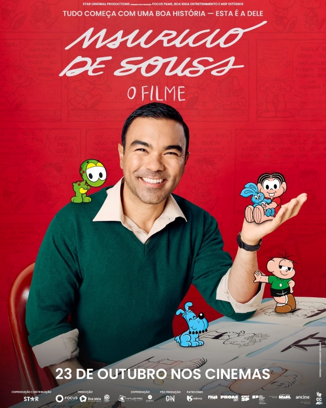 Cartaz de divulgação do filme. Sentado à uma mesa, há um homem de pele clara, cabelos pretos e curtos, olhos puxados e castanhos e barba por fazer. Está com suéter verde com gola e mangas brancas. Sorrindo, segura na mão esquerda uma ilustração da personagem Mônica, que está com o coelho Sansão. Sobre a mesa estão papéis com desenhos em preto e branco, e ao redor do homem aparecem outros personagens da Turma da Mônica: na mesa estão Cebolinha e Bidu; Horácio está no ombro direito do homem. O fundo é vermelho com trechos de histórias em quadrinhos. Na parte superior, em letras brancas: “Tudo começa com uma boa história — esta é a dele”. Logo abaixo, o título manuscrito: “Mauricio de Sousa — O filme”. Cartaz de divulgação do filme. Sentado à uma mesa, há um homem de pele clara, cabelos pretos e curtos, olhos puxados e castanhos e barba por fazer. Está com suéter verde com gola e mangas brancas. Sorrindo, segura na mão esquerda uma ilustração da personagem Mônica, que está com o coelho Sansão. Sobre a mesa estão papéis com desenhos em preto e branco, e ao redor do homem aparecem outros personagens da Turma da Mônica: na mesa estão Cebolinha e Bidu; Horácio está no ombro direito do homem. O fundo é vermelho com trechos de histórias em quadrinhos. Na parte superior, em letras brancas: “Tudo começa com uma boa história — esta é a dele”. Logo abaixo, o título manuscrito: “Mauricio de Sousa — O filme”.