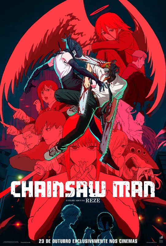 Cartaz de divulgação do filme. A ilustração colorida, em estilo mangá, mostra múltiplos personagens. Ao centro, dois personagens aparecem em confronto. Eles usam uniforme escolar branco e preto e têm corpo humano e cabeça de criaturas com dentes afiados. O personagem à direita tem uma motosserra acoplada no topo da cabeça e uma grande lâmina dentada junto aos braços. As lâminas estão sujas de sangue.   Atrás deles, em um filtro predominantemente vermelho, um personagem ocupa quase toda a parte superior. Ele tem cabelos longos, grandes asas abertas e uma auréola acima da cabeça. Abaixo dele, outros personagens se sobrepõem. Na parte inferior, dois personagens menores aparecem em silhuetas azuis: um homem e uma mulher de frente um para a outra. Na faixa central inferior, em letras brancas grandes, o título “Chainsaw Man - O Filme - Arco da Reze”, com textura irregular, lembrando arranhões e respingos. Cartaz de divulgação do filme. A ilustração colorida, em estilo mangá, mostra múltiplos personagens. Ao centro, dois personagens aparecem em confronto. Eles usam uniforme escolar branco e preto e têm corpo humano e cabeça de criaturas com dentes afiados. O personagem à direita tem uma motosserra acoplada no topo da cabeça e uma grande lâmina dentada junto aos braços. As lâminas estão sujas de sangue.   Atrás deles, em um filtro predominantemente vermelho, um personagem ocupa quase toda a parte superior. Ele tem cabelos longos, grandes asas abertas e uma auréola acima da cabeça. Abaixo dele, outros personagens se sobrepõem. Na parte inferior, dois personagens menores aparecem em silhuetas azuis: um homem e uma mulher de frente um para a outra. Na faixa central inferior, em letras brancas grandes, o título “Chainsaw Man - O Filme - Arco da Reze”, com textura irregular, lembrando arranhões e respingos.