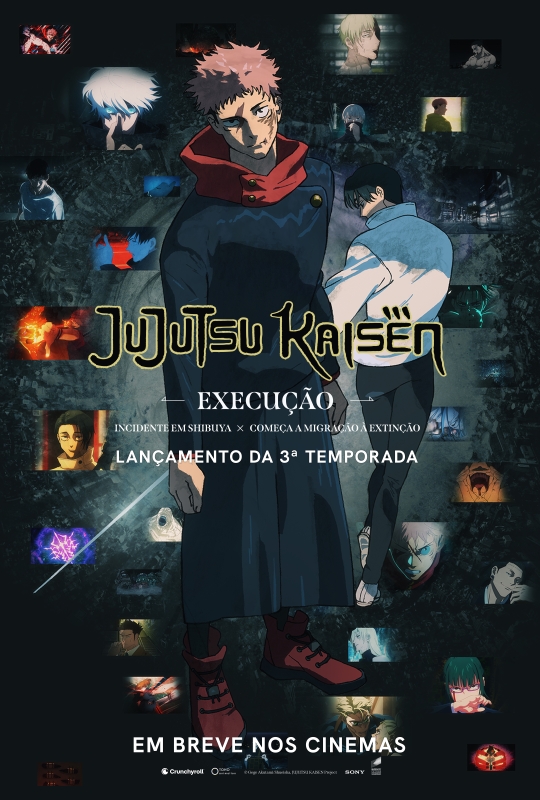 Cartaz de divulgação do filme. Ilustração em estilo anime, com fundo escuro em tons de cinza e preto, e diversos quadros pequenos mostrando personagens e cenas de ação. No centro, dois personagens masculinos estão de corpo inteiro. À esquerda, está Yuji Itadori, virado para frente. É um jovem de pele bege, com cabelo curto, rosa e espetado; usa uma túnica azul-escura com gola alta vermelha e um par de botas bordô. Ele tem três cicatrizes no rosto. À direita, está Yuta Okkotsu, de costas e com o rosto virado para a esquerda. É um jovem de pele bege, com cabelo curto, preto e liso; usa um casaco branco, de gola alta, com calça preta e sapatos brancos. Na parte central do cartaz, o título “Jujutsu Kaisen”, em letras pretas com contorno amarelo. Abaixo, em letras menores e brancas, está escrito “Execução: Incidente em Shibuya × Começa a migração à extinção”. Mais abaixo: “Lançamento da 3ª temporada”.