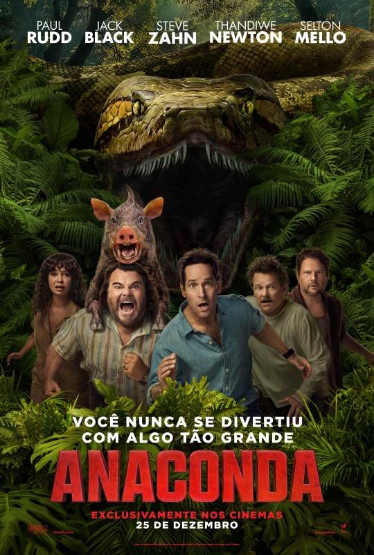 Cartaz de divulgação do filme. Cercados por por uma floresta densa, cinco pessoas adultas estão com o semblante assustado. Acima deles, a cabeça de uma anaconda de escamas marrons e verdes, com olhos amarelados e boca aberta, exibindo as presas. Da esquerda para a direita, estão: uma mulher branca, com cabelos cacheados, uma franja que cobre-lhe a testa e uma blusa marrom; um homem branco, com barba e cabelos ondulados e castanhos, camisa de manga curta listrada e um javali na cabeça, de pelagem marrom; um homem branco, com cabelos castanhos curtos e camisa azul; um homem branco, com cabelos curtos e castanhos e uma camisa bege clara, de manga longa; e um homem branco, com cabelos castanhos e ondulados, usando casaco marrom-claro sobre camiseta verde. Na parte superior, em letras pequenas e brancas, estão os nomes do elenco: “Paul Rudd”, “Jack Black”, “Steve Zahn”, “Thandiwe Newton” e “Selton Mello”. Abaixo dos personagens, em letras brancas: “Você nunca se divertiu com algo tão grande”. Abaixo, em letras grandes e vermelhas, está o título: “Anaconda”.