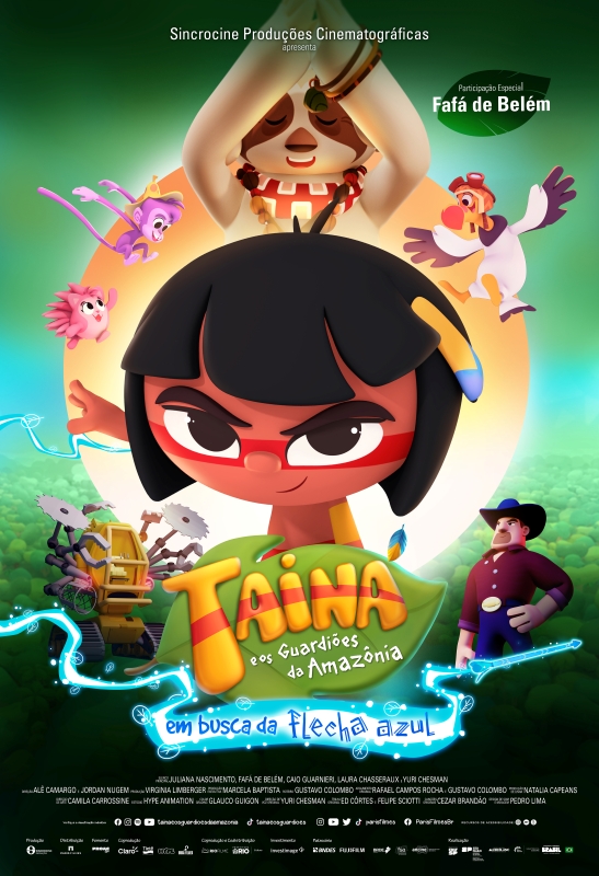 Cartaz de divulgação do filme. Desenho colorido com traços cartunescos. No centro, Tainá, uma menina indígena de pele marrom, cabelos pretos lisos e curtos, grandes olhos pretos e boca pequena. Ela usa uma presilha amarela e roxa no cabelo e tem uma linha vermelha pintada horizontalmente de um lado a outro do rosto, na altura do nariz e dos olhos. Ao redor da cabeça de Tainá, estão 4 animais: um porco espinho rosa, um macaco roxo, uma preguiça bege e uma ave branca. Na parte inferior do cartaz, uma grande floresta, um trator com vários braços mecânicos com serras, pinças e outras ferramentas e um homem branco, de chapéu azul, camisa roxa, cinto com grande fivela dourada e calça azul. No canto superior direito, em branco: “Participação especial Fafá de Belém”. Na parte central inferior, o título aparece sobre uma folha verde: “Tainá”, em letras amarelas com uma faixa horizontal e vermelha, e em branco, “e os guardiões da Amazônia”. Logo abaixo, em letras azuis, está o subtítulo: “Em busca da flecha azul”.